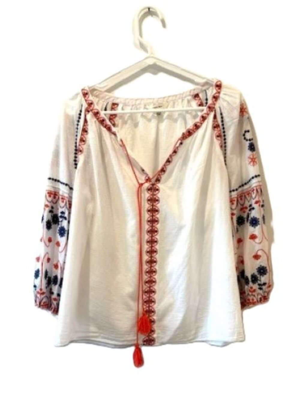 Sophie Max All Cotton White V-Neck Embroidered Top with Tassels